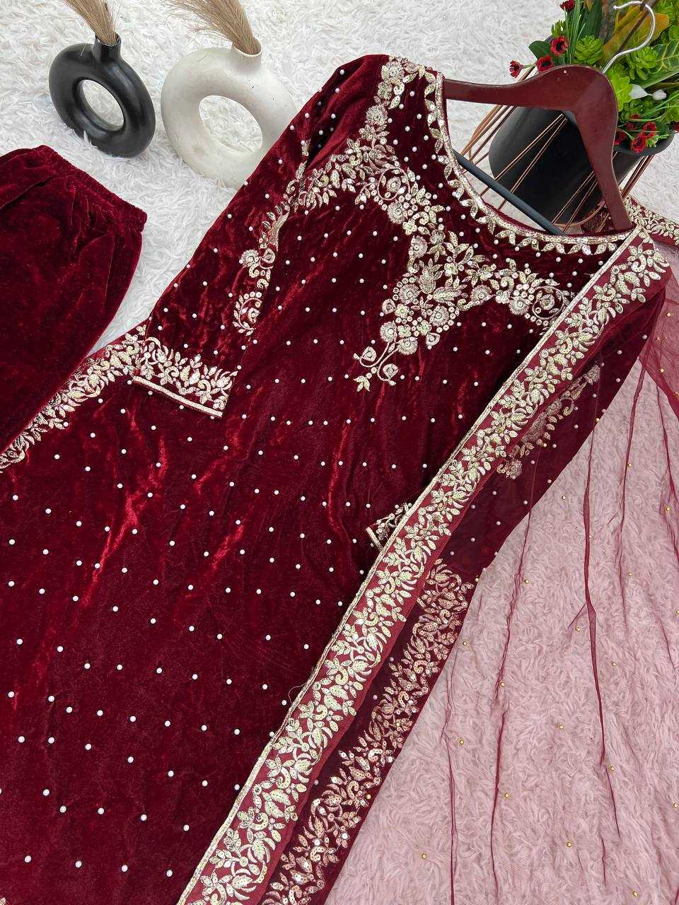 YNF VELVET KESH124 818 SUITS & DRESSES WHOLESALE VELVET EMBROIDERY PARTY WEAR MAROON SALWAR SUITS MANUFACTURE