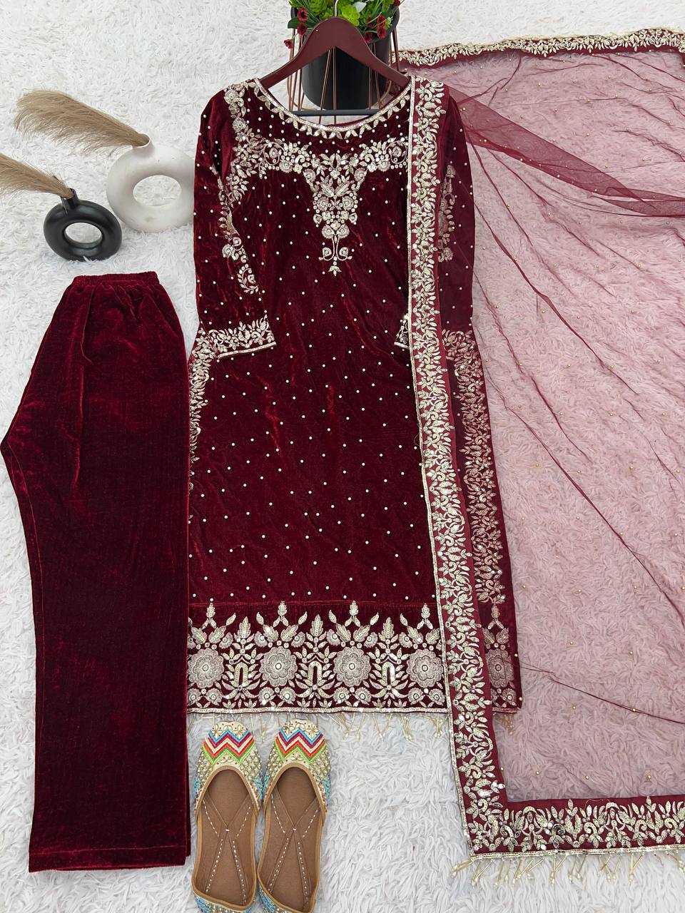 YNF VELVET KESH124 818 SUITS & DRESSES WHOLESALE VELVET EMBROIDERY PARTY WEAR MAROON SALWAR SUITS MANUFACTURE