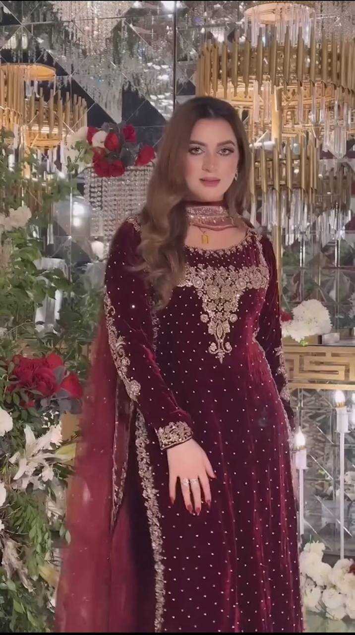 YNF VELVET KESH124 818 SUITS & DRESSES WHOLESALE VELVET EMBROIDERY PARTY WEAR MAROON SALWAR SUITS MANUFACTURE