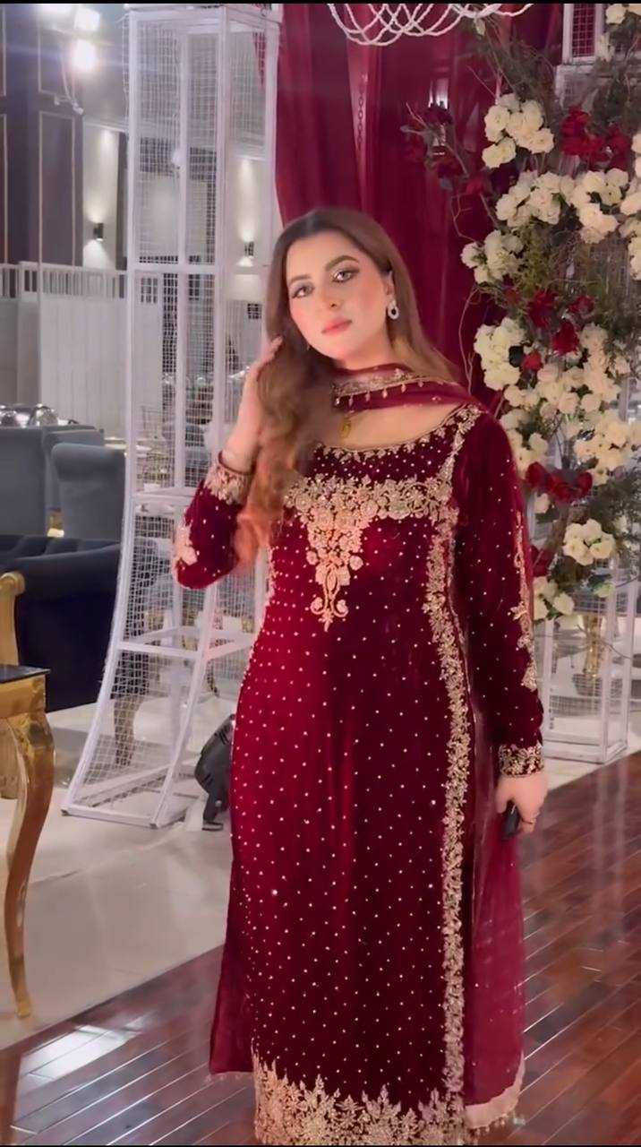 YNF VELVET KESH124 818 SUITS & DRESSES WHOLESALE VELVET EMBROIDERY PARTY WEAR MAROON SALWAR SUITS MANUFACTURE