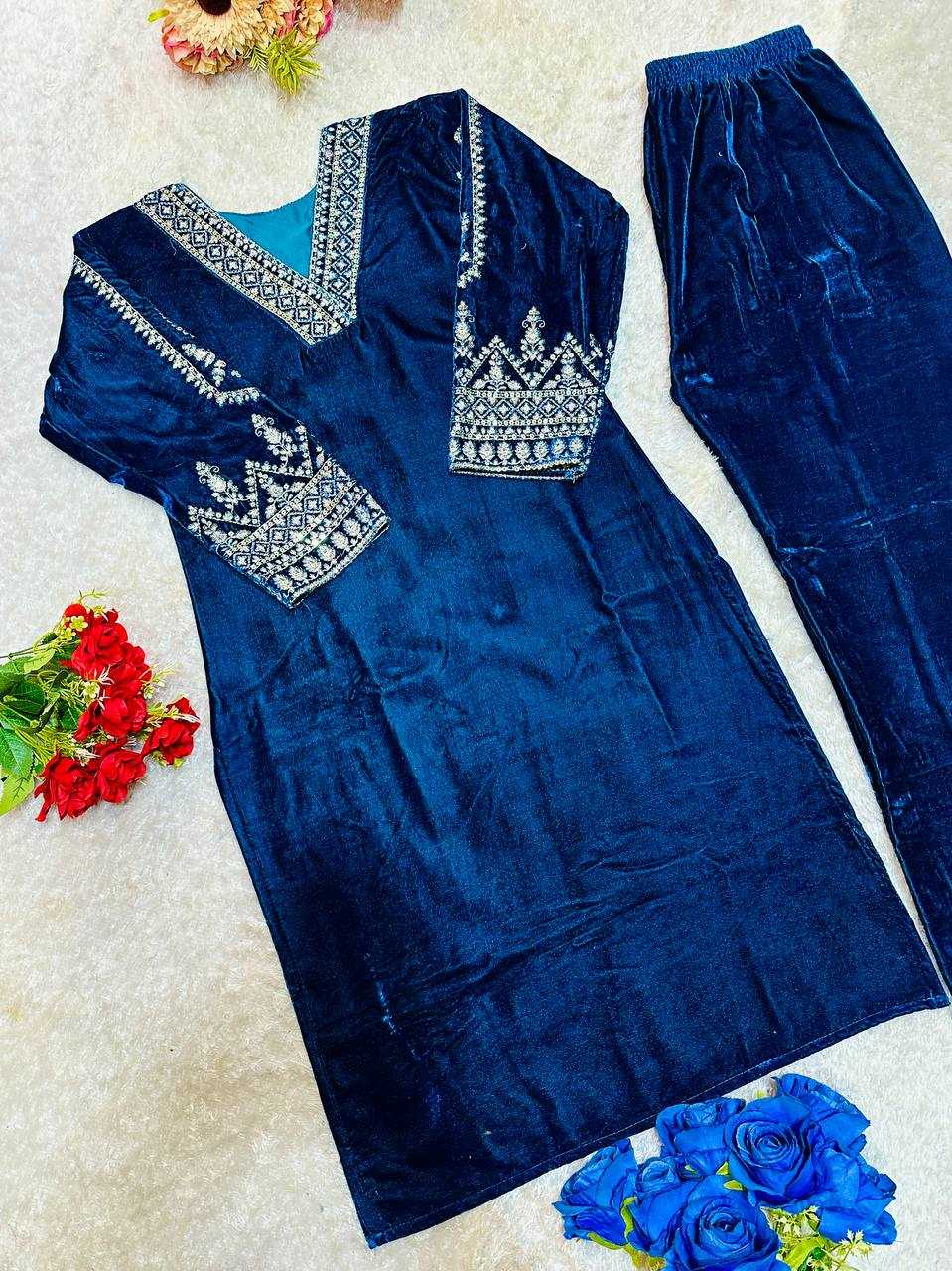 YNF VELVET KESH148 051 KURTIS WHOLESALE EMBROIDERED V NECK 3/4 SLEEVE KURTI WITH PANT BLUE KURTIS MANUFACTURER- Kapda Export