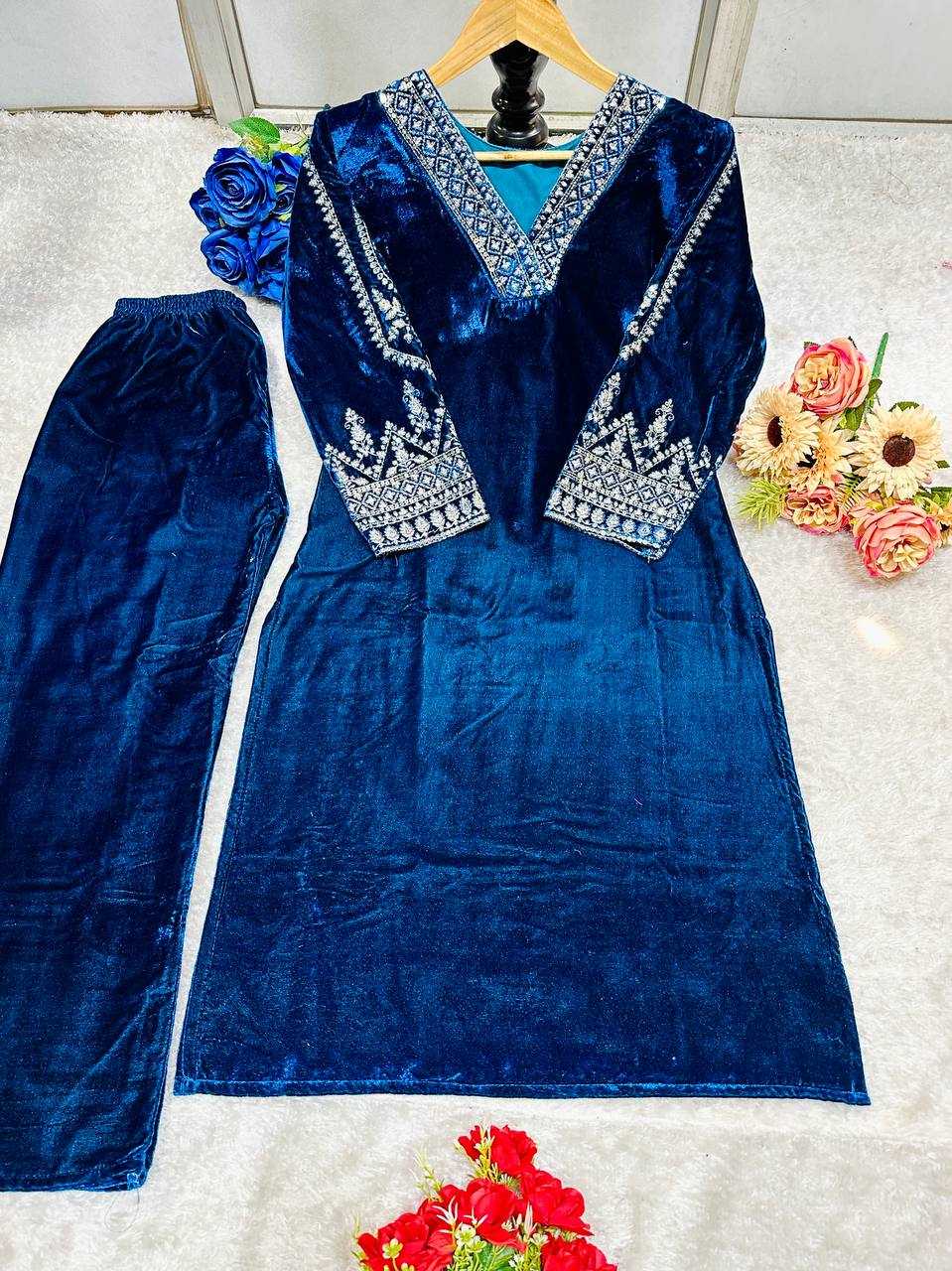 YNF VELVET KESH148 051 KURTIS WHOLESALE EMBROIDERED V NECK 3/4 SLEEVE KURTI WITH PANT BLUE KURTIS MANUFACTURER- Kapda Export