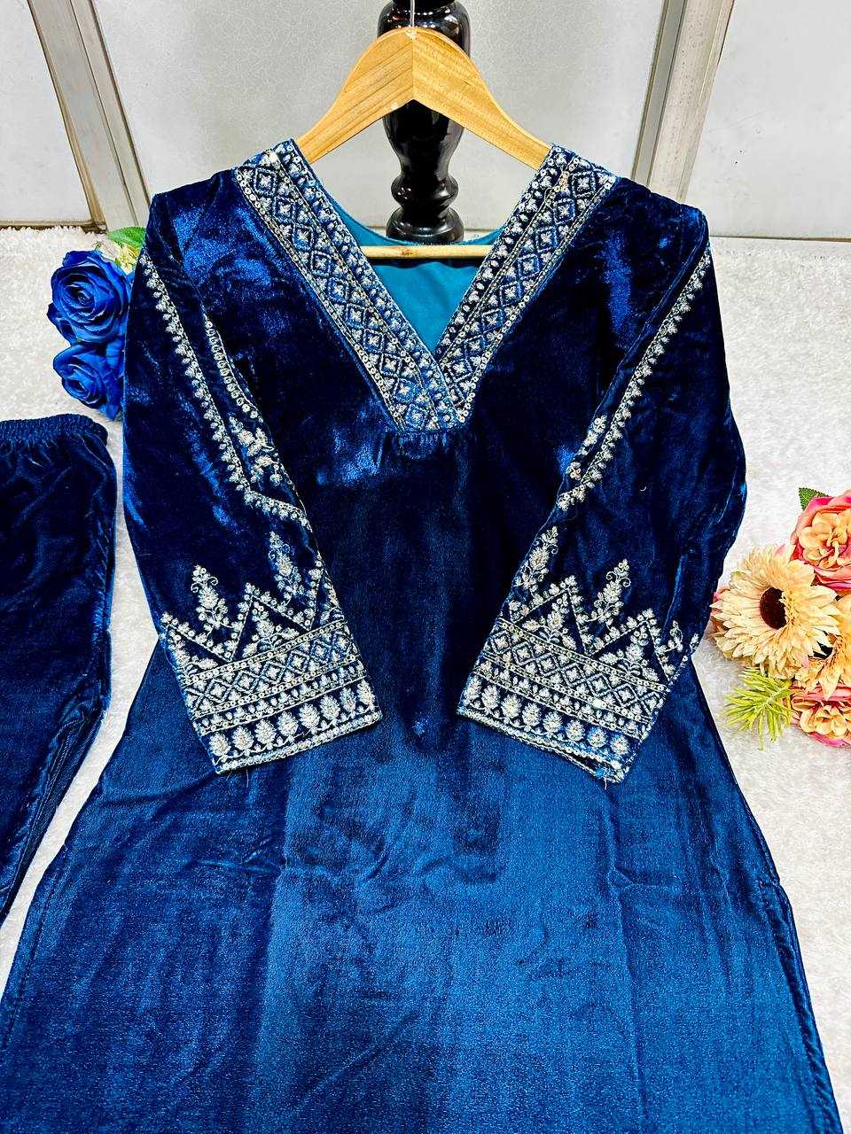 YNF VELVET KESH148 051 KURTIS WHOLESALE EMBROIDERED V NECK 3/4 SLEEVE KURTI WITH PANT BLUE KURTIS MANUFACTURER- Kapda Export