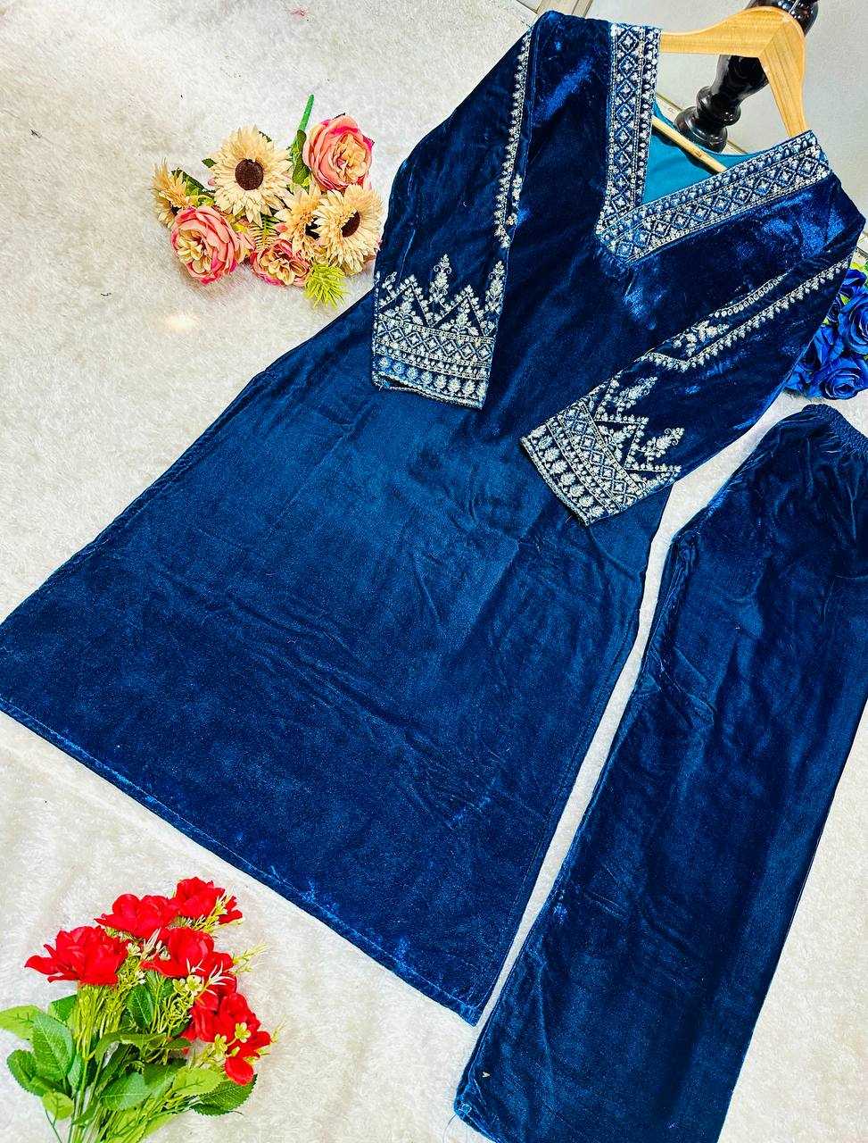 YNF VELVET KESH148 051 KURTIS WHOLESALE EMBROIDERED V NECK 3/4 SLEEVE KURTI WITH PANT BLUE KURTIS MANUFACTURER- Kapda Export