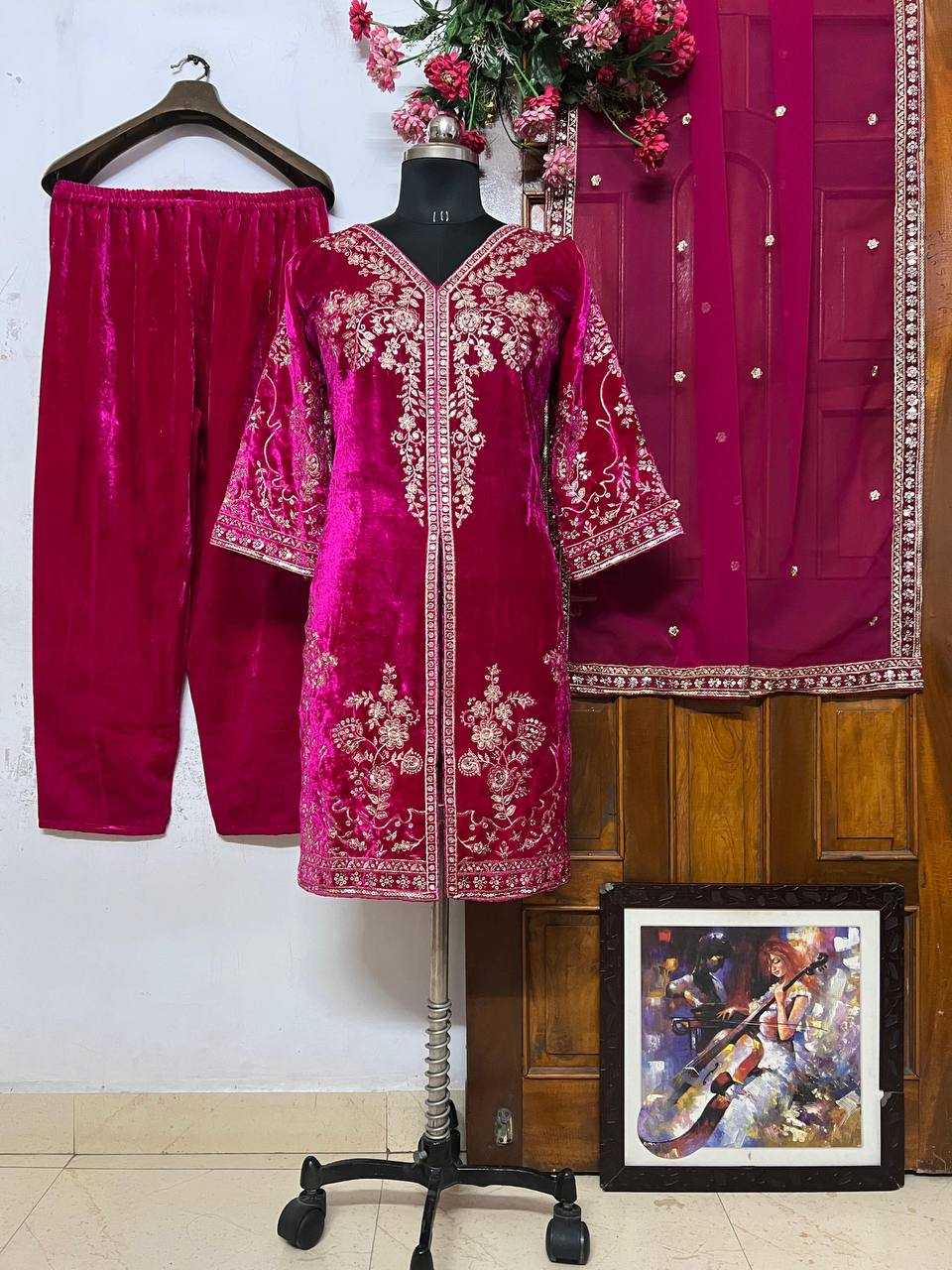 YNF VELVET KESH149 1322 SUITS & DRESSES WHOLESALE VELVET EMBROIDERY LADIES PINK SALWAE SUITS MANUFACTURE- Kapda Export