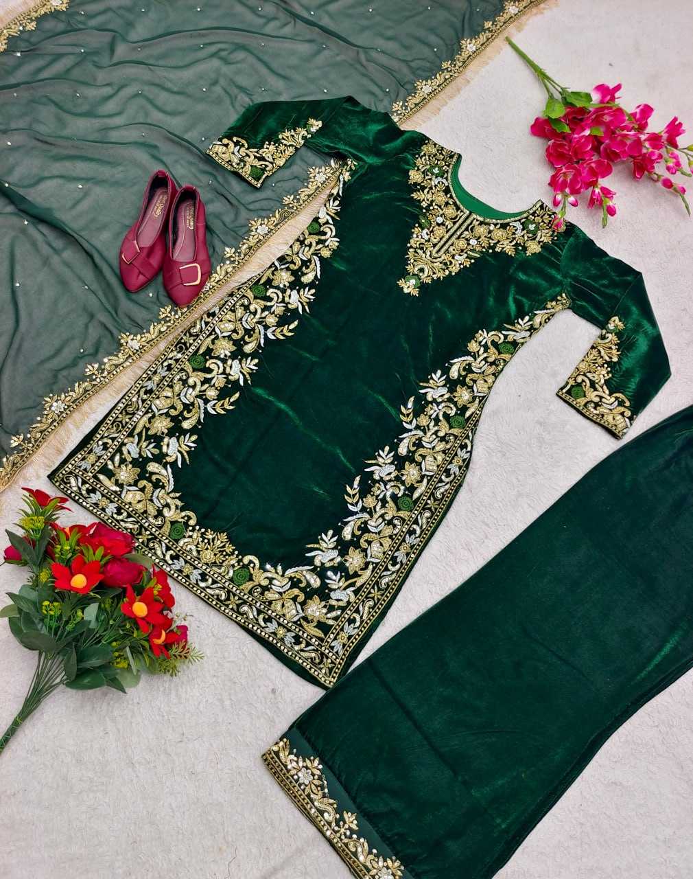 YNF VELVET KESH156 1032 SUITS & DRESSES WHOLESALE KASHMIRI VELVET EMBROIDERED LADIES SILK GREEN SALWAR SUITS MANUFACTURER