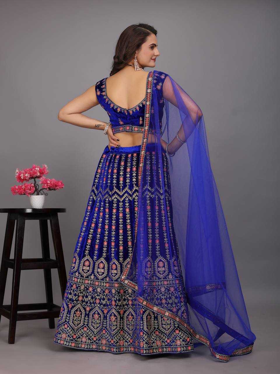 YNF VELVET KESH164 L48 LEHENGAS WHOLESALE DESIGENR VELVET WEDDING EMBROIDERED BLUE LEHENGAS MANUFACTURER- Kapda Export