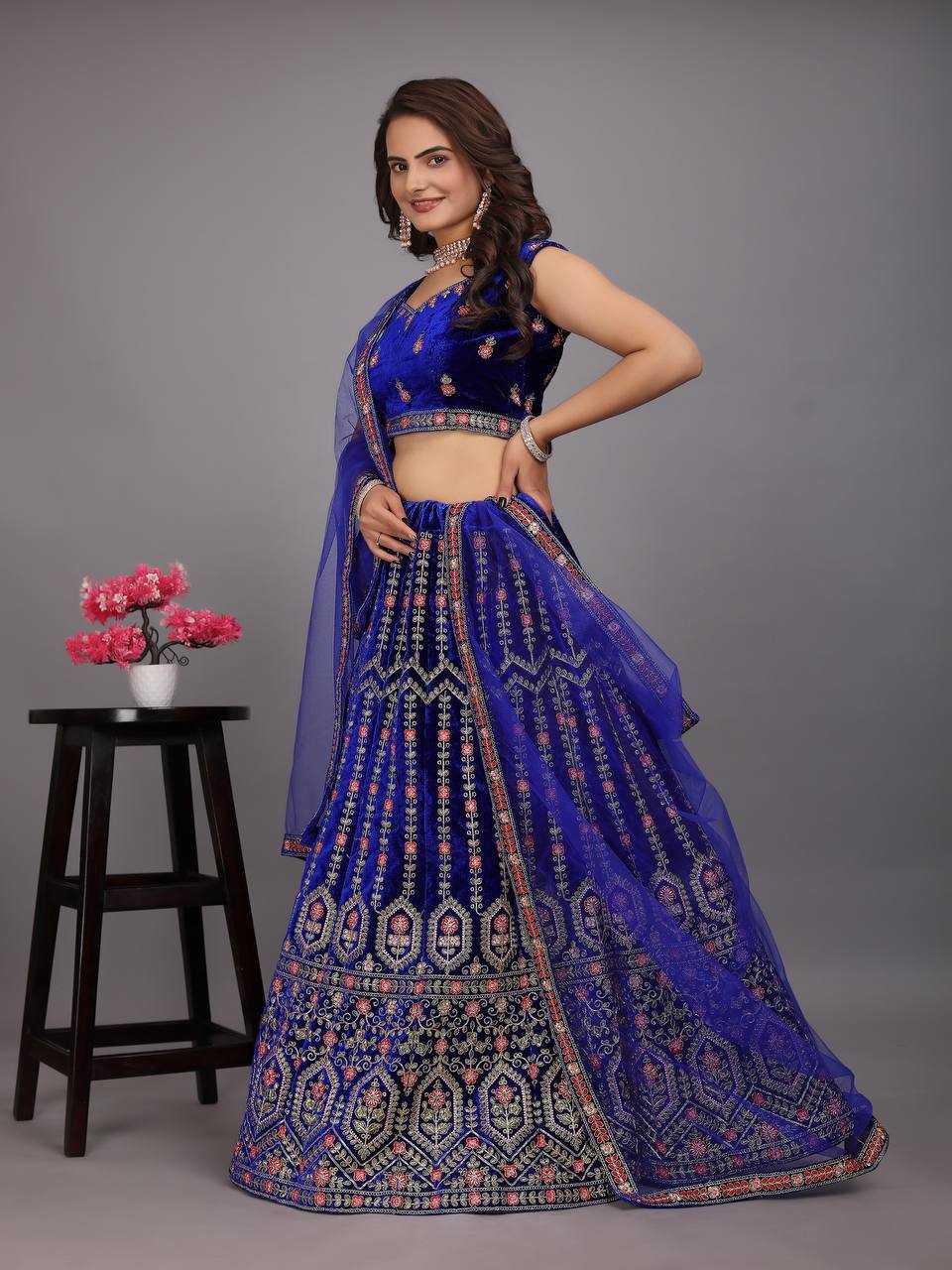 YNF VELVET KESH164 L48 LEHENGAS WHOLESALE DESIGENR VELVET WEDDING EMBROIDERED BLUE LEHENGAS MANUFACTURER- Kapda Export