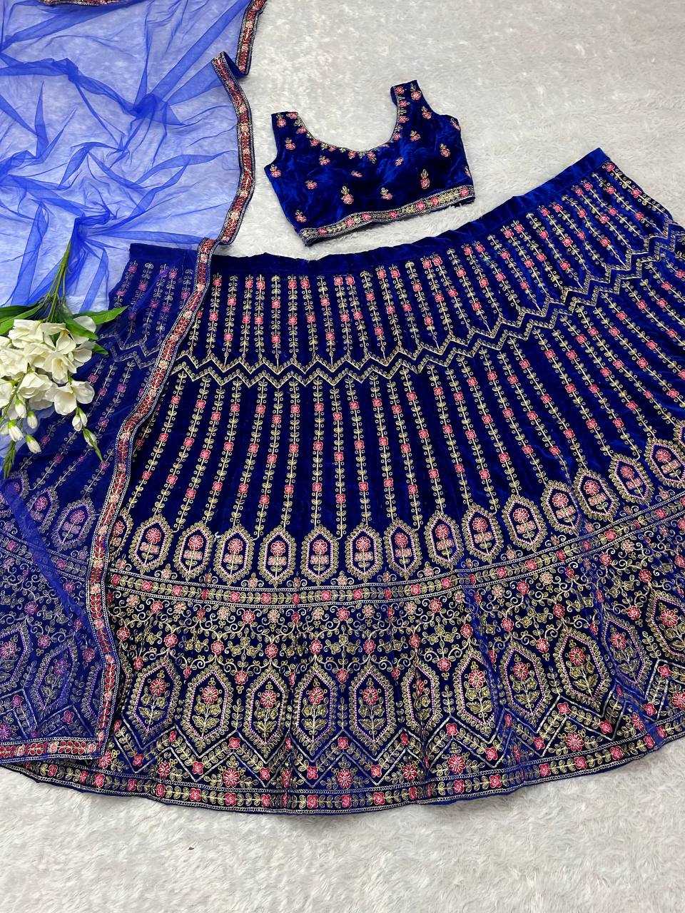 YNF VELVET KESH164 L48 LEHENGAS WHOLESALE DESIGENR VELVET WEDDING EMBROIDERED BLUE LEHENGAS MANUFACTURER- Kapda Export