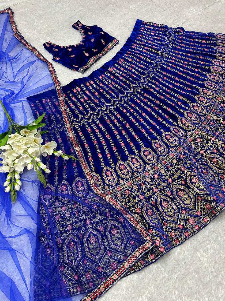 YNF VELVET KESH164 L48 LEHENGAS WHOLESALE DESIGENR VELVET WEDDING EMBROIDERED BLUE LEHENGAS MANUFACTURER- Kapda Export