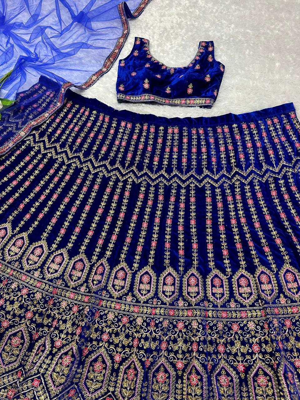 YNF VELVET KESH164 L48 LEHENGAS WHOLESALE DESIGENR VELVET WEDDING EMBROIDERED BLUE LEHENGAS MANUFACTURER- Kapda Export