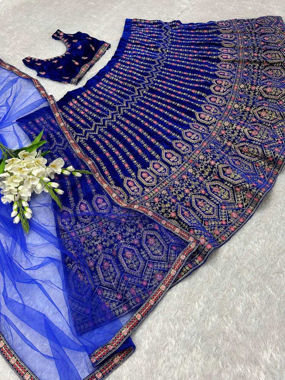 YNF VELVET KESH164 L48 LEHENGAS WHOLESALE DESIGENR VELVET WEDDING EMBROIDERED BLUE LEHENGAS MANUFACTURER- Kapda Export