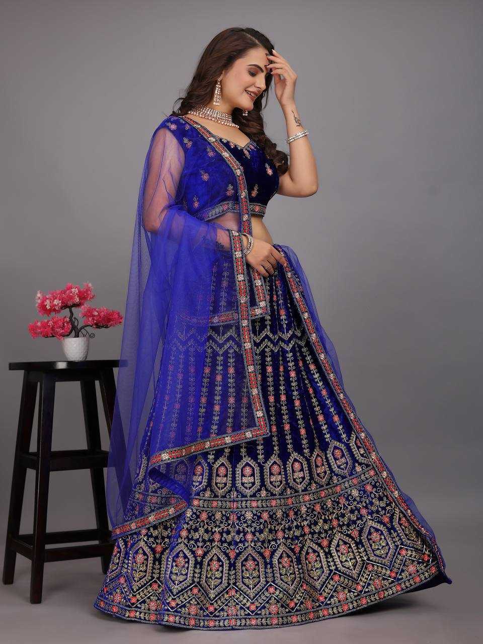 YNF VELVET KESH164 L48 LEHENGAS WHOLESALE DESIGENR VELVET WEDDING EMBROIDERED BLUE LEHENGAS MANUFACTURER- Kapda Export