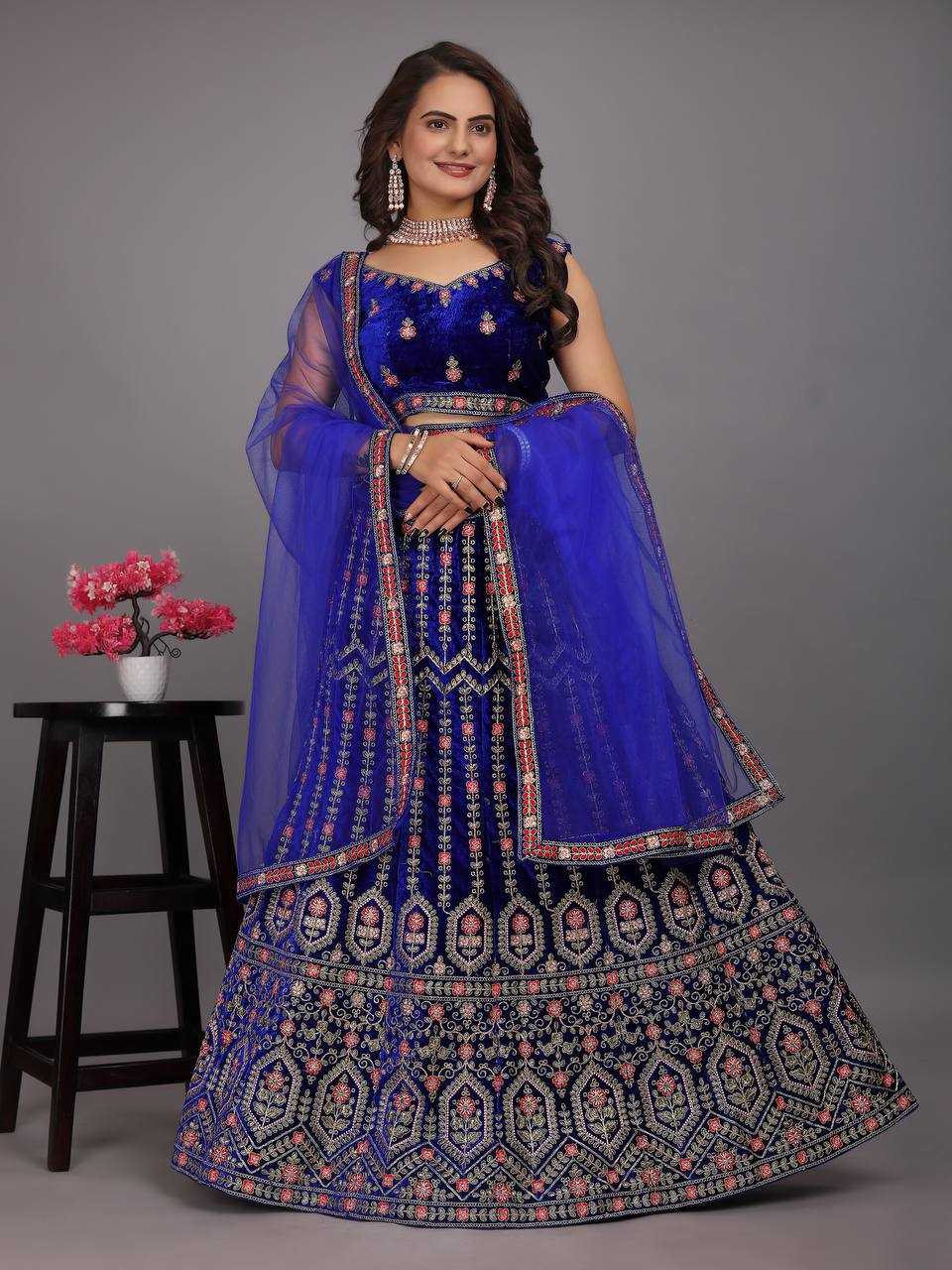 YNF VELVET KESH164 L48 LEHENGAS WHOLESALE DESIGENR VELVET WEDDING EMBROIDERED BLUE LEHENGAS MANUFACTURER- Kapda Export