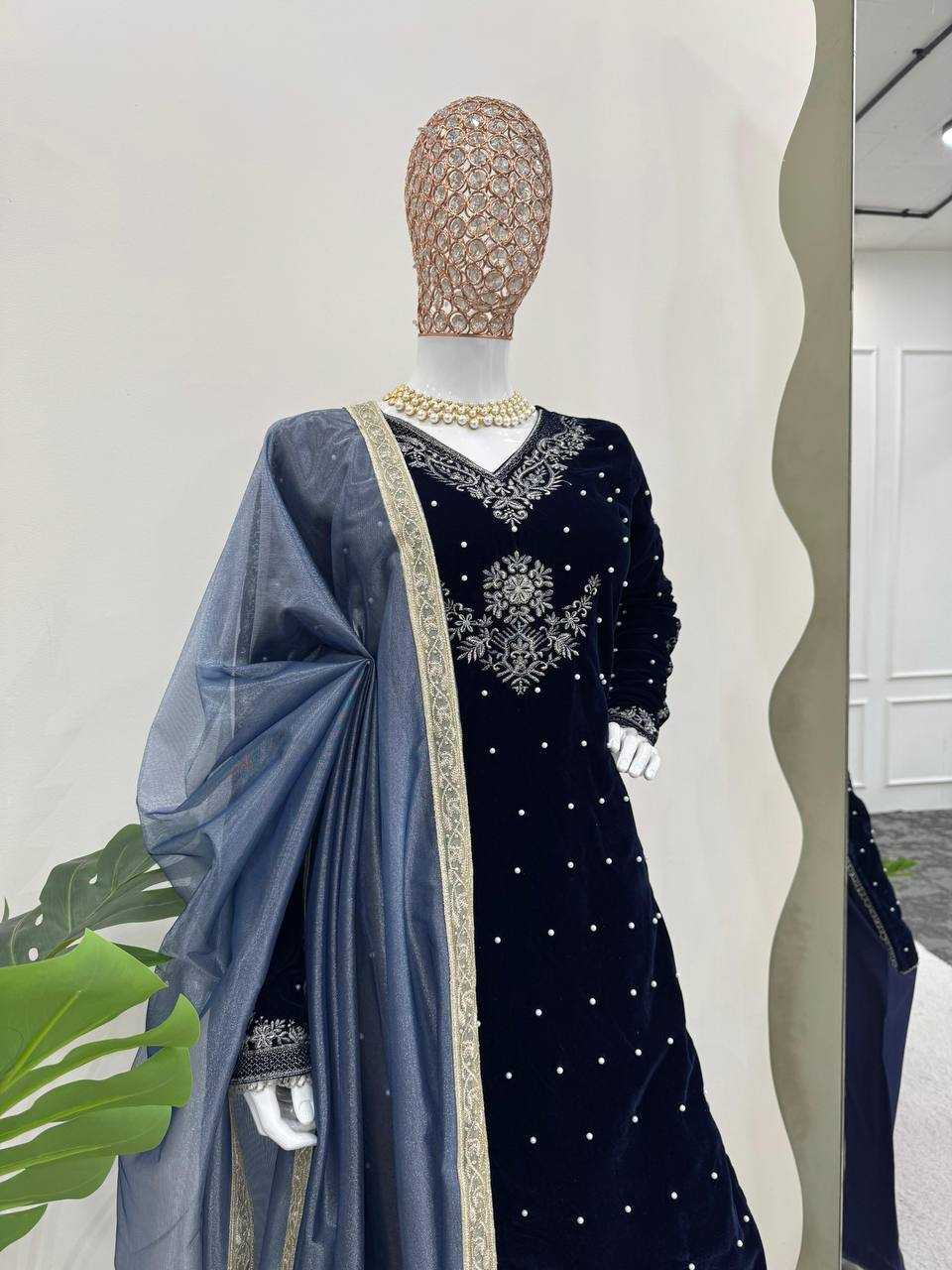 YNF VELVET RIN169 5771 SUITS & DRESSES WHOLESALE VELVET EMBROIDERY BLUE SALWAR LONG KURTI SUITS MANUFACTURE- Kapda Export