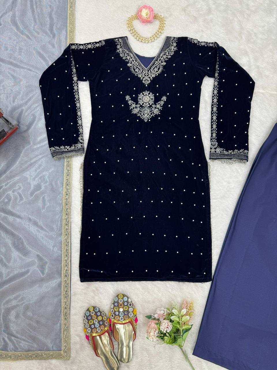 YNF VELVET RIN169 5771 SUITS & DRESSES WHOLESALE VELVET EMBROIDERY BLUE SALWAR LONG KURTI SUITS MANUFACTURE- Kapda Export