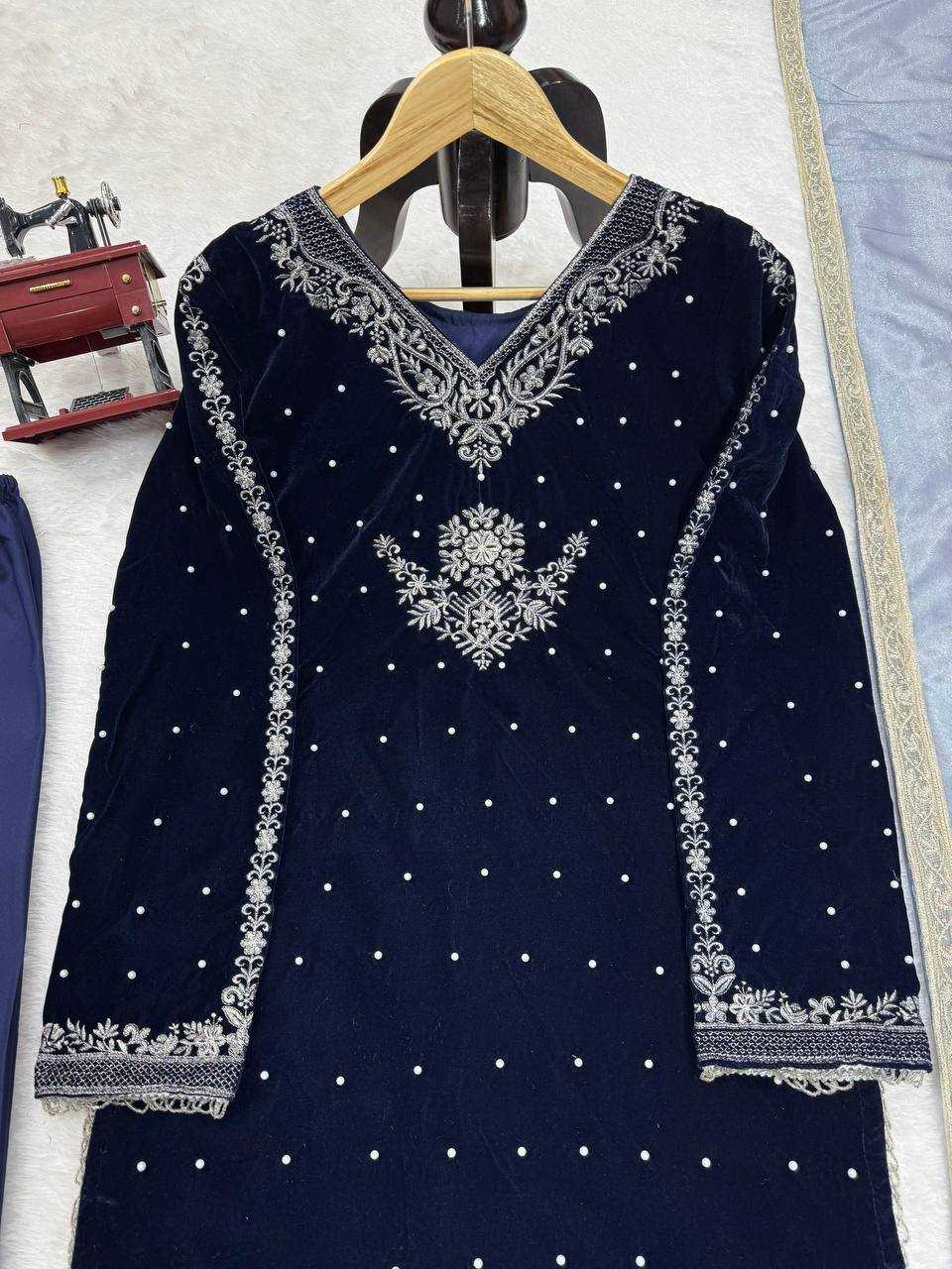 YNF VELVET RIN169 5771 SUITS & DRESSES WHOLESALE VELVET EMBROIDERY BLUE SALWAR LONG KURTI SUITS MANUFACTURE- Kapda Export