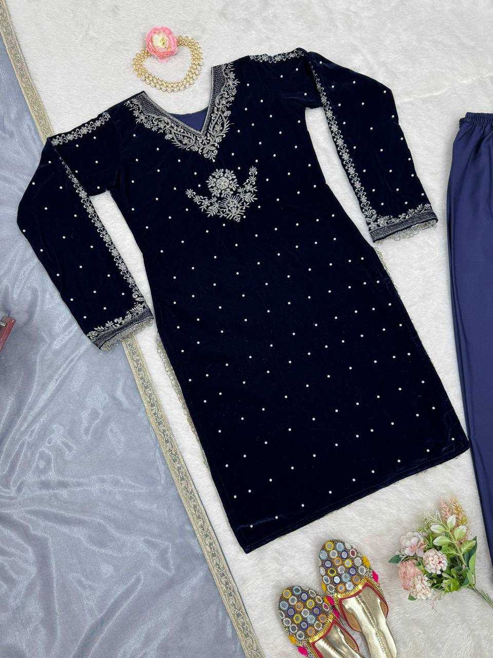 YNF VELVET RIN169 5771 SUITS & DRESSES WHOLESALE VELVET EMBROIDERY BLUE SALWAR LONG KURTI SUITS MANUFACTURE- Kapda Export