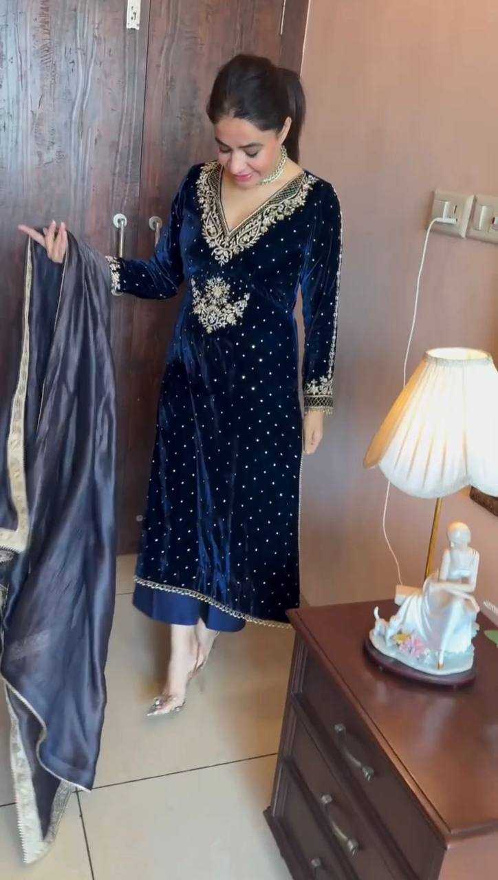 YNF VELVET RIN169 5771 SUITS & DRESSES WHOLESALE VELVET EMBROIDERY BLUE SALWAR LONG KURTI SUITS MANUFACTURE- Kapda Export