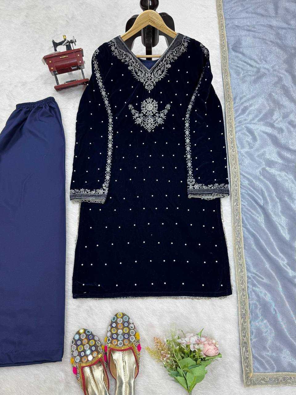 YNF VELVET RIN169 5771 SUITS & DRESSES WHOLESALE VELVET EMBROIDERY BLUE SALWAR LONG KURTI SUITS MANUFACTURE- Kapda Export