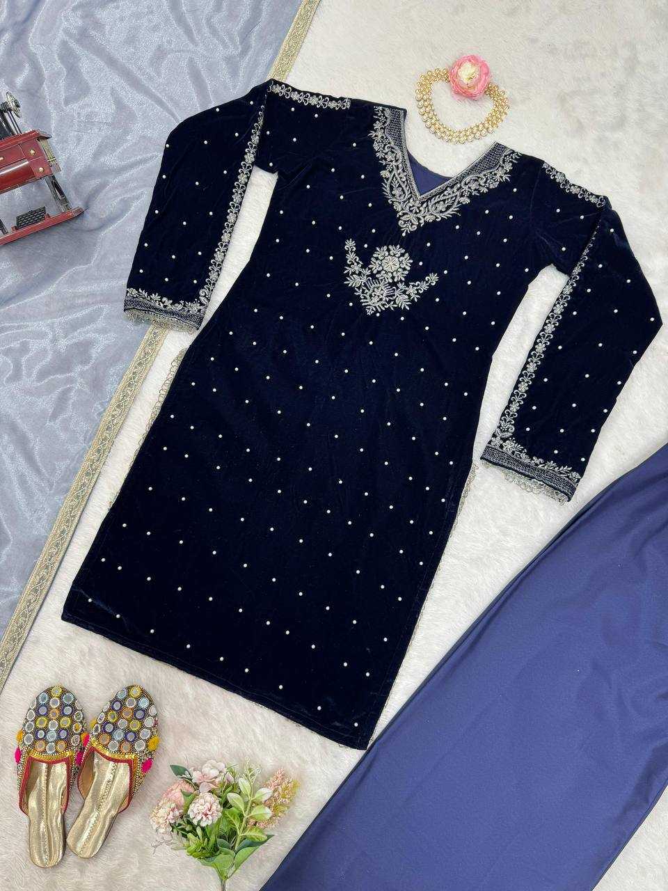 YNF VELVET RIN169 5771 SUITS & DRESSES WHOLESALE VELVET EMBROIDERY BLUE SALWAR LONG KURTI SUITS MANUFACTURE- Kapda Export