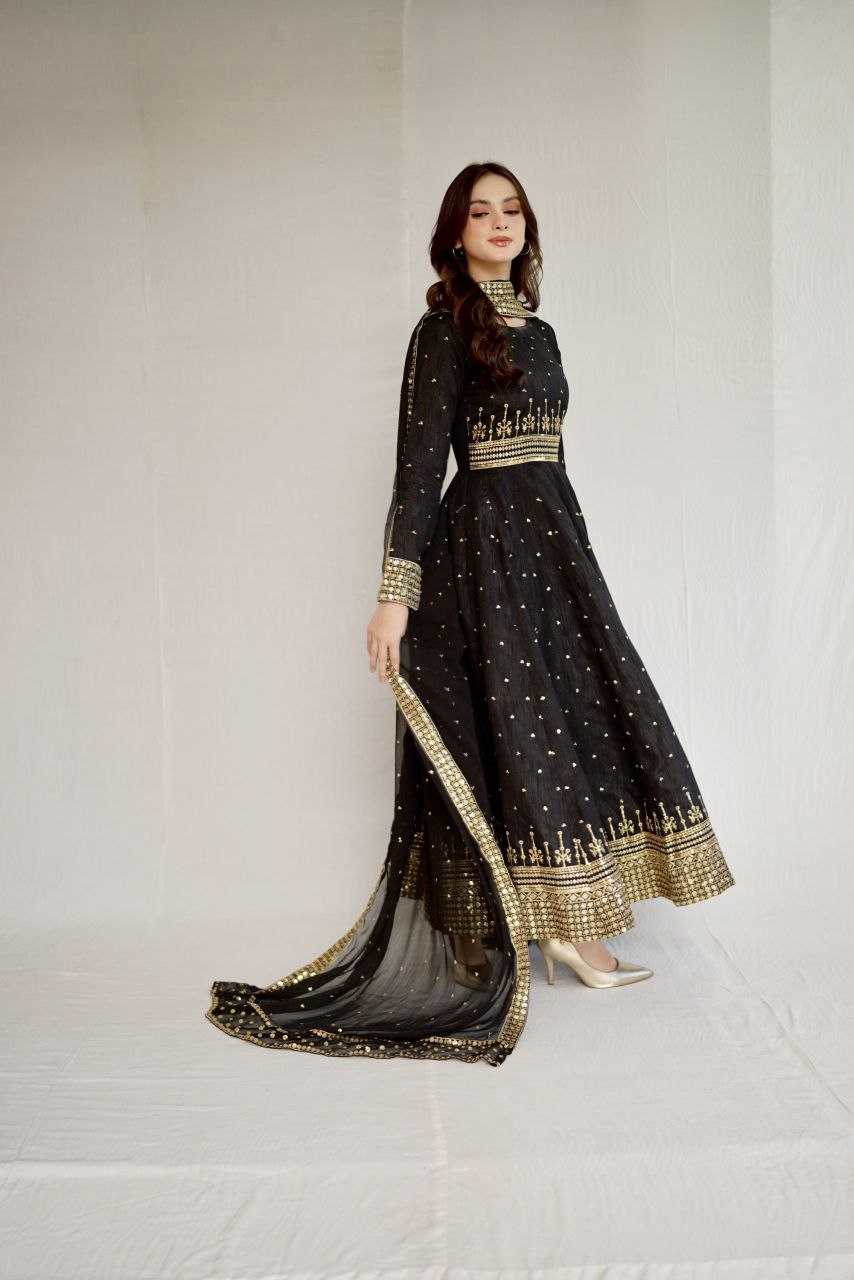 YNF VICHITRA SILK KESH208 077 GOWNS WHOLESALE EMBROIDERY ANARKALI LONG SILK FULL SLEEVE BLACK GOWNS MANUFACTURER