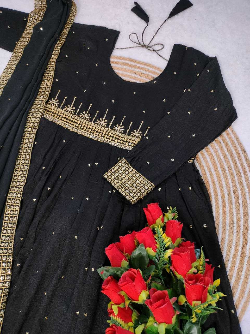 YNF VICHITRA SILK KESH208 077 GOWNS WHOLESALE EMBROIDERY ANARKALI LONG SILK FULL SLEEVE BLACK GOWNS MANUFACTURER