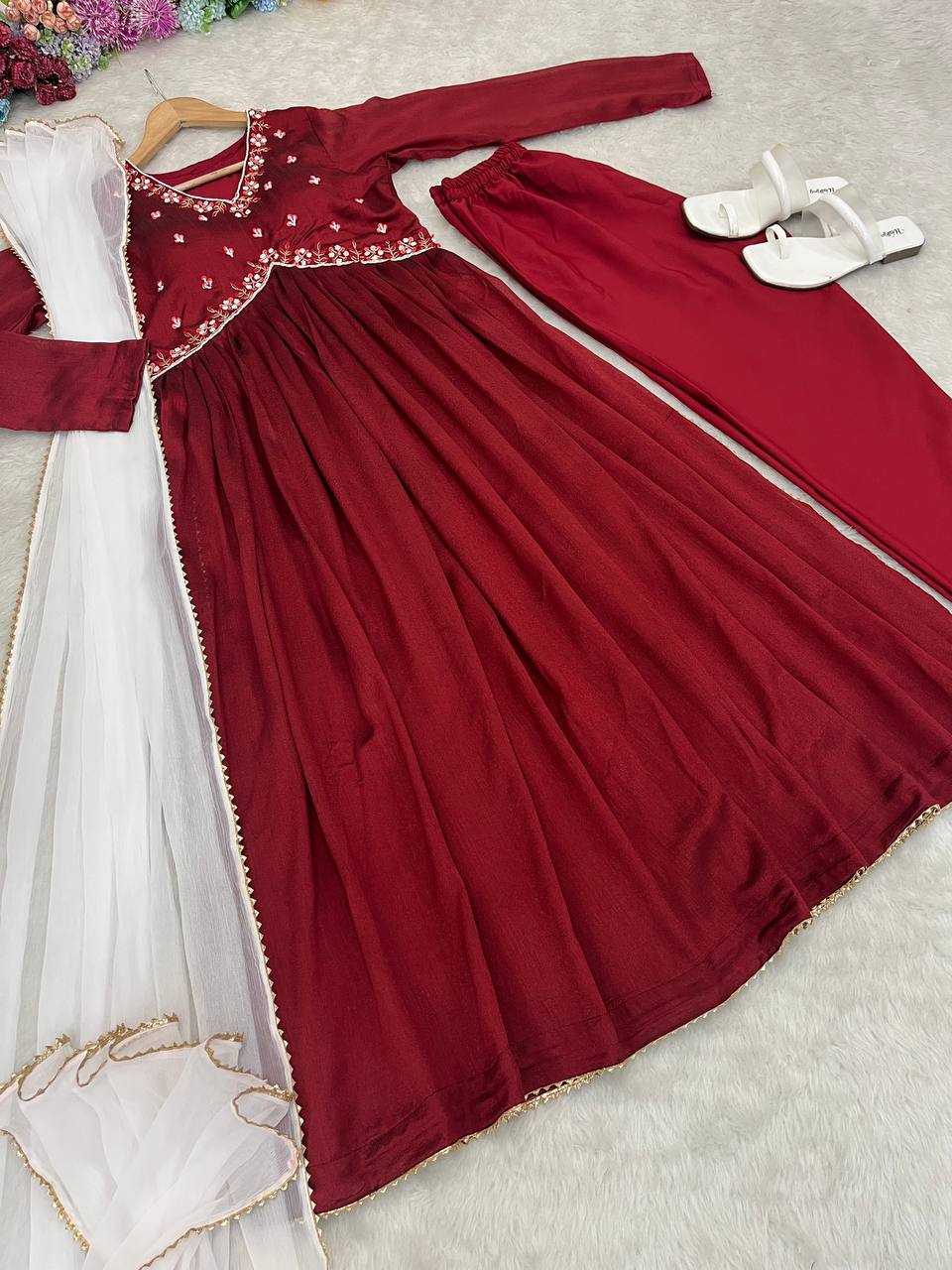 YNF VICHITRA SILK KESH240 392 GOWNS WHOLESALE MAROON SILK ANARKALI GOWNS MANUFACTURER