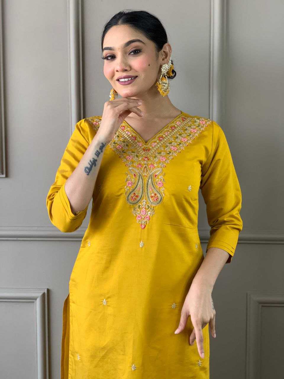 YNF VISCOSE CHANDERI KESH214 275 SUITS & DRESSES WHOLESALE LADIES CHANDERI LONG KURTI YELLOW SALWAR SUITS MANUFACTURE- Kapda Export