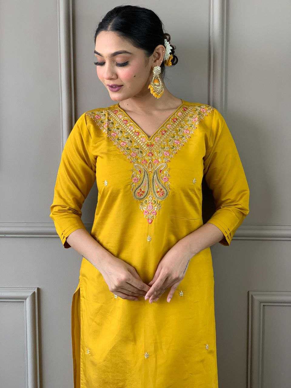 YNF VISCOSE CHANDERI KESH214 275 SUITS & DRESSES WHOLESALE LADIES CHANDERI LONG KURTI YELLOW SALWAR SUITS MANUFACTURE- Kapda Export