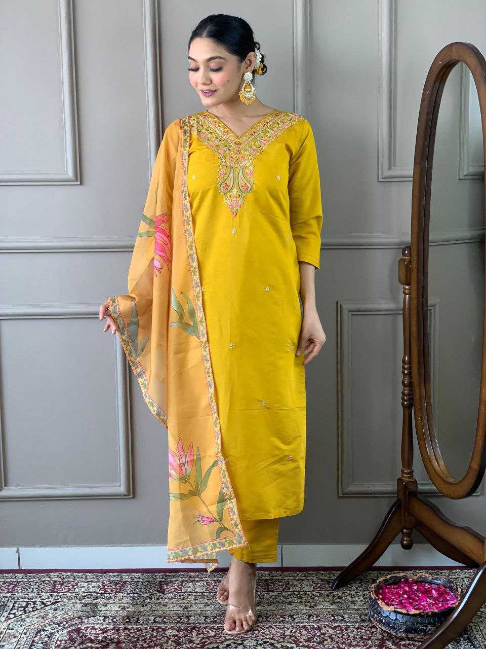 YNF VISCOSE CHANDERI KESH214 275 SUITS & DRESSES WHOLESALE LADIES CHANDERI LONG KURTI YELLOW SALWAR SUITS MANUFACTURE- Kapda Export