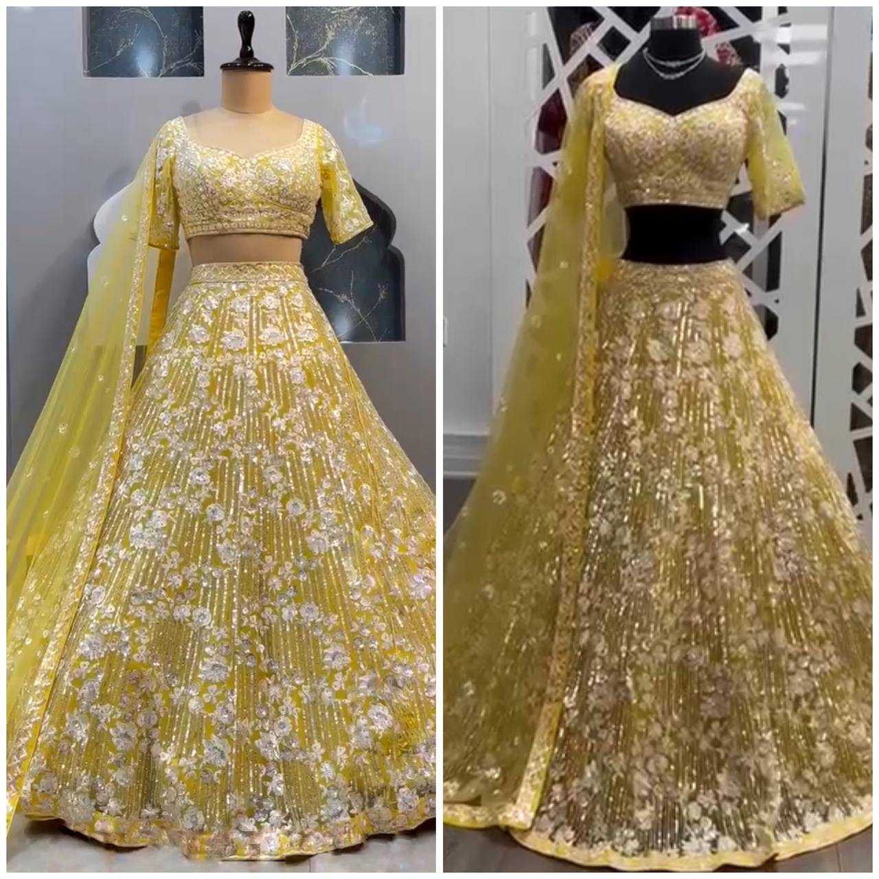 YNF BUTTERFLY NET RIN108 1694 LEHENGAS WHOLESALE BIRIDAL DESIGNER YELLOW HALDI OUTFITS LEHENGAS MANUFACTURER- Kapda Export