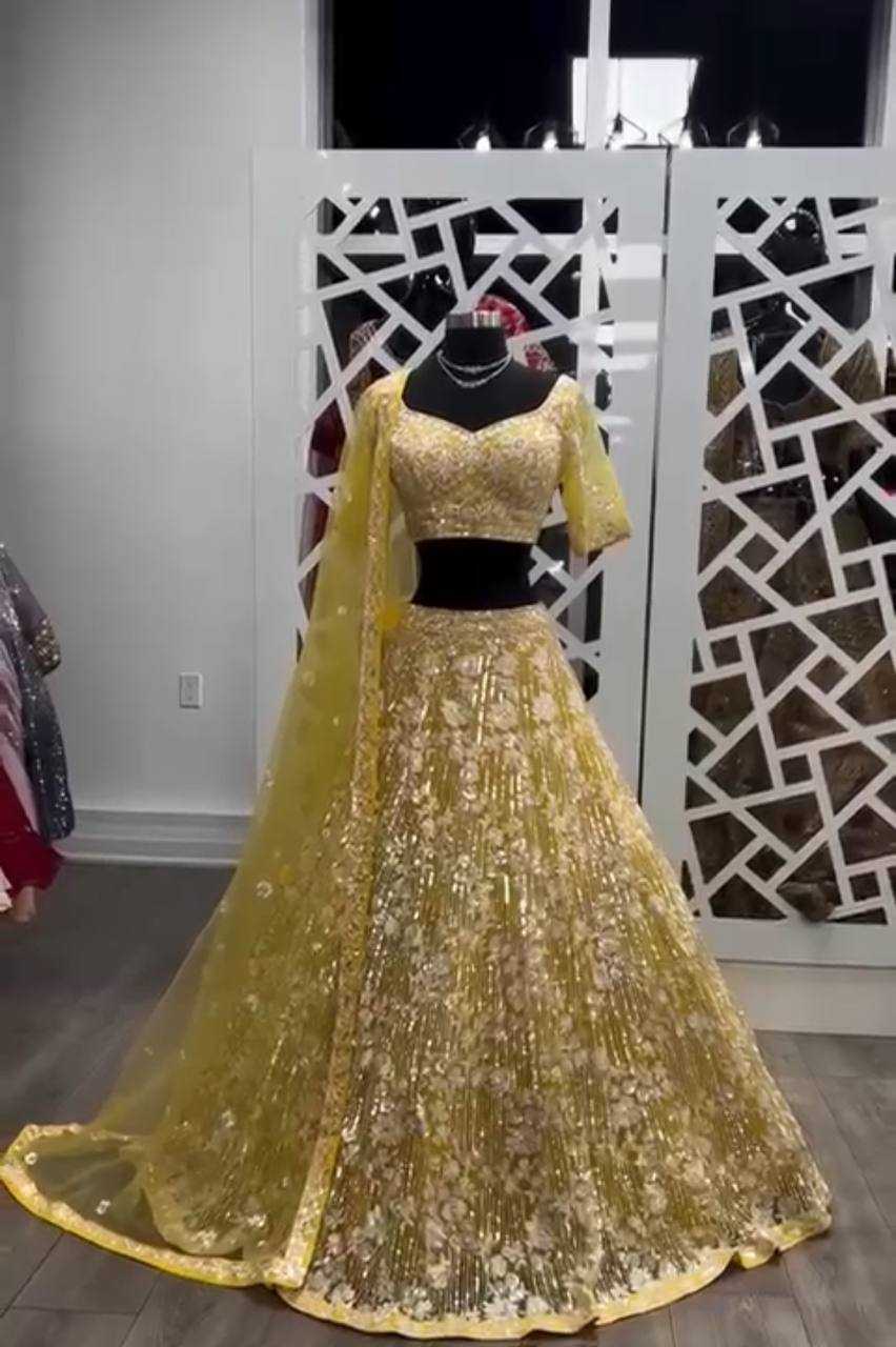 YNF BUTTERFLY NET RIN108 1694 LEHENGAS WHOLESALE BIRIDAL DESIGNER YELLOW HALDI OUTFITS LEHENGAS MANUFACTURER- Kapda Export