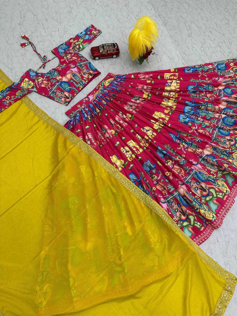 YNF CHENT CREP KESH119 460 LEHENGAS WHOLESALE KALAMKARI TRADITIONAL PRINTED RED LEHENGAS MANUFACTURER- Kapda Export