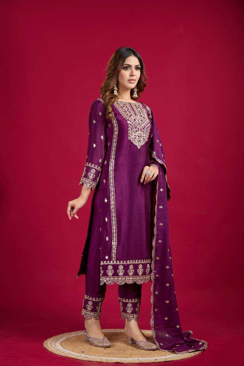 YNF CHINON SILK KESH128 5001 SUITS & DRESSES PRINTED EMBROIDERY WEDDING SILK LADIES SUITS MANUFACTUR- Kapda Export