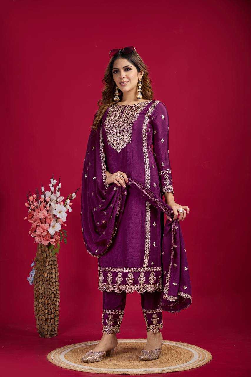 YNF CHINON SILK KESH128 5001 SUITS & DRESSES PRINTED EMBROIDERY WEDDING SILK LADIES SUITS MANUFACTUR- Kapda Export