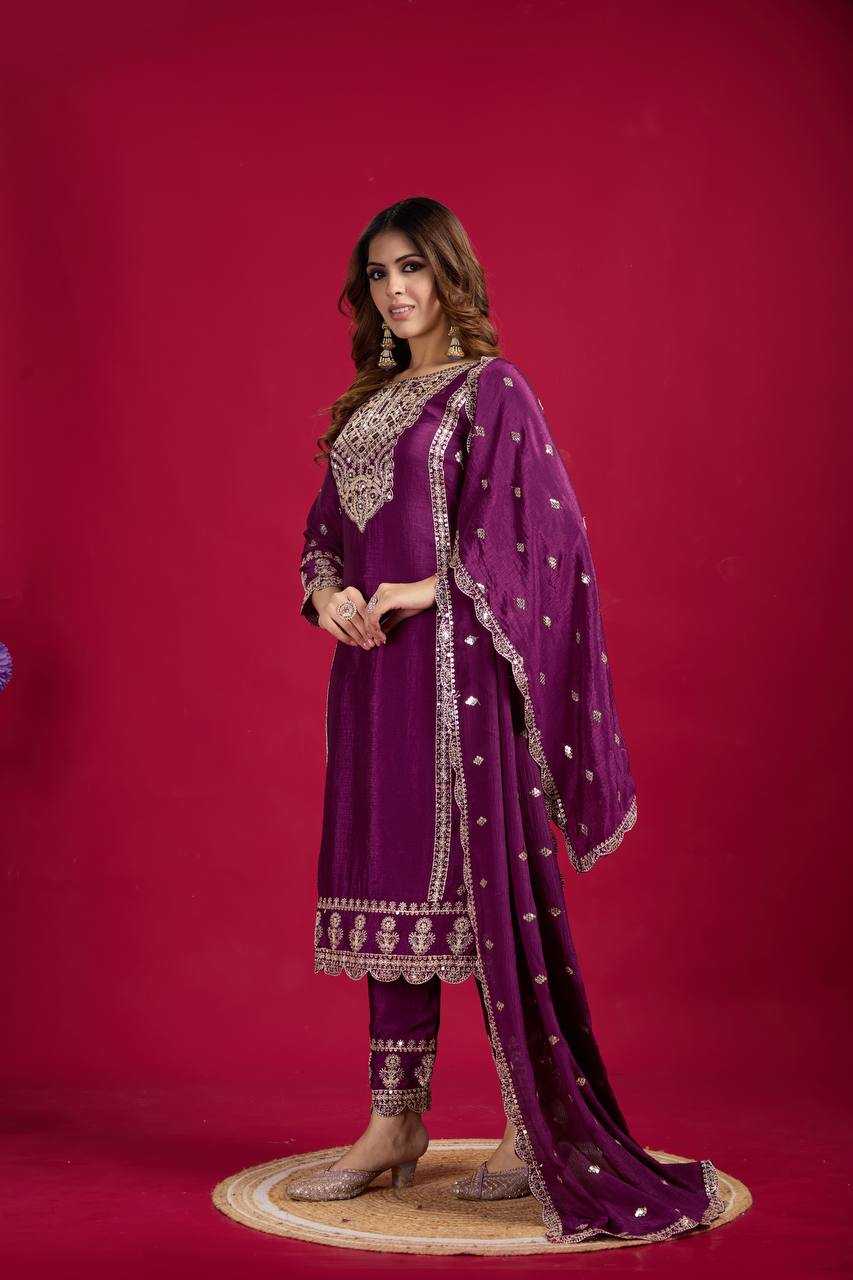 YNF CHINON SILK KESH128 5001 SUITS & DRESSES PRINTED EMBROIDERY WEDDING SILK LADIES SUITS MANUFACTUR- Kapda Export