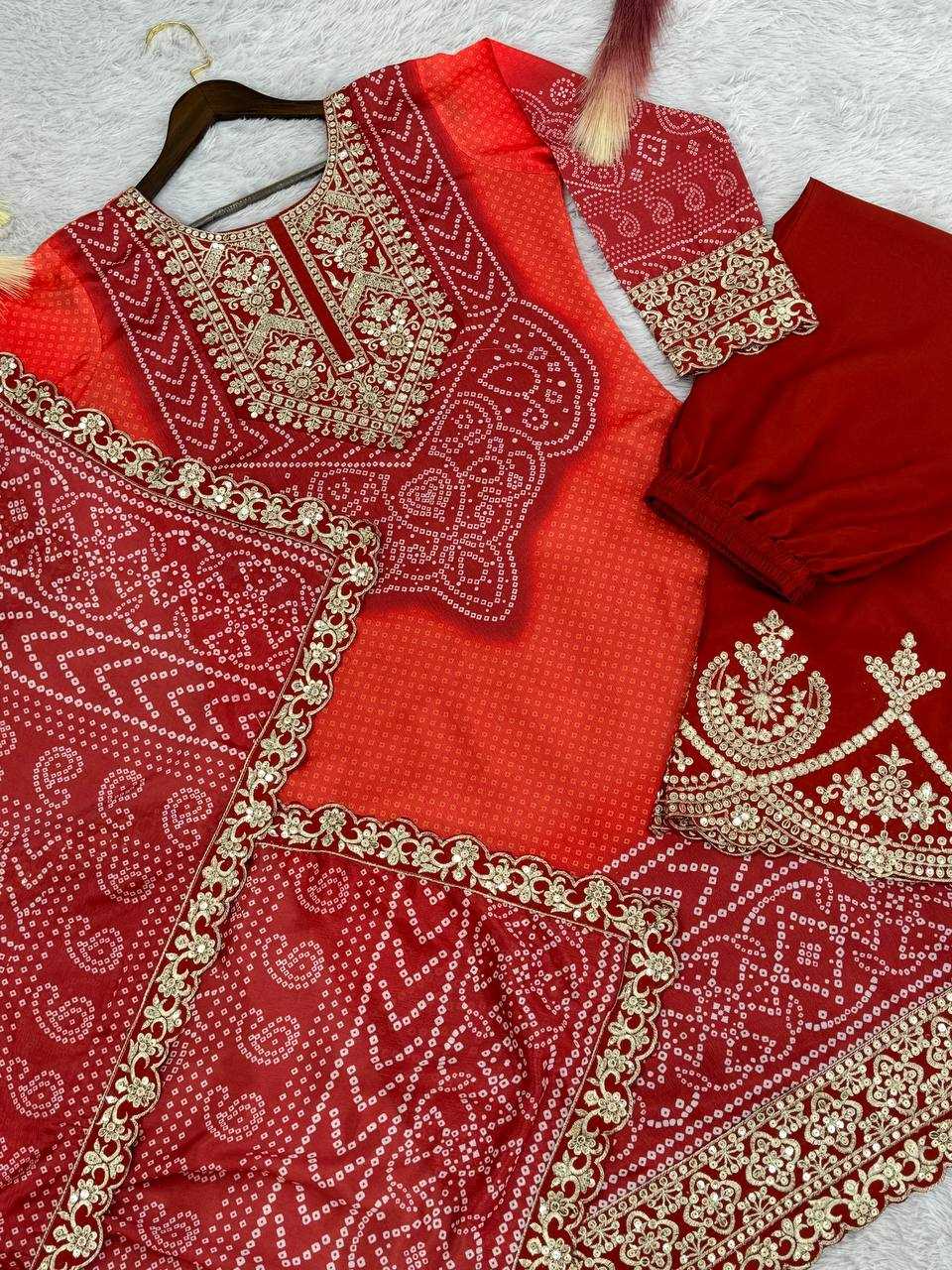 YNF CHINON SILK KESH227 1022 SUITS & DRESSES PRINTED EMBROIDERY WEDDING SILK BANDHANI SUITS MANUFACTUR- Kapda Export