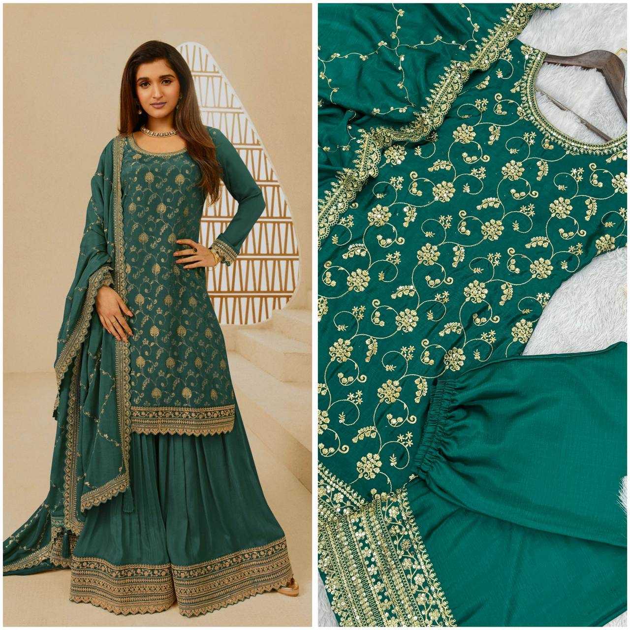 YNF CHINON SILK KESH228 572 SUITS & DRESSES PALAZZO EMBROPIDERY WEDDING GREEN SALWAR SUITS MANUFACTUR- Kapda Export