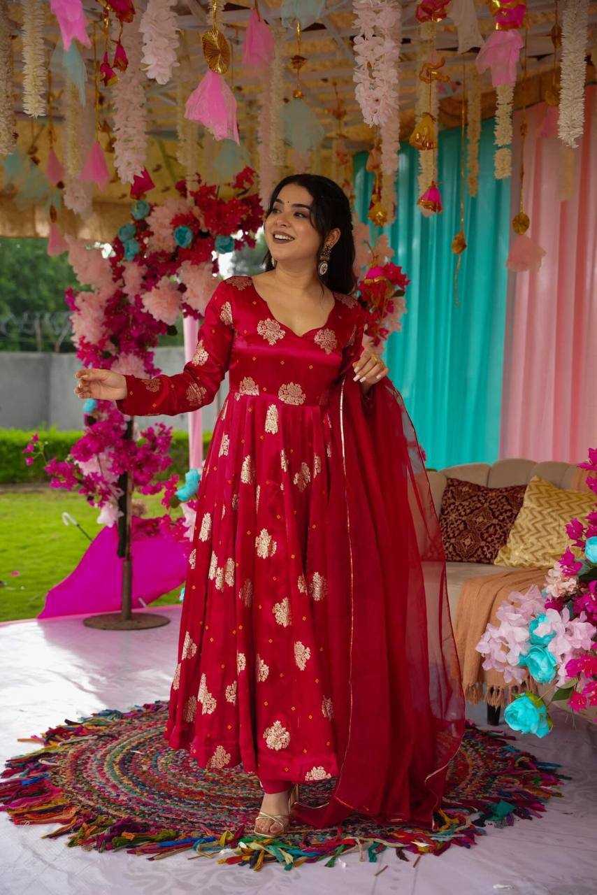 YNF CHINON SILK KESH232 1447 GOWNS WHOLESALE RED ANARAKLI FULL PRINTED WEDDING GOWNS MANUFACTURER- Kapda Export