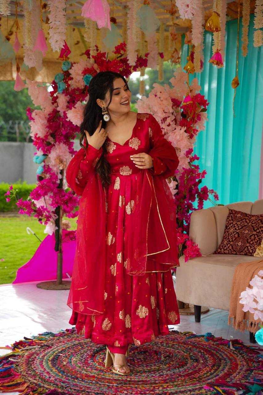 YNF CHINON SILK KESH232 1447 GOWNS WHOLESALE RED ANARAKLI FULL PRINTED WEDDING GOWNS MANUFACTURER- Kapda Export