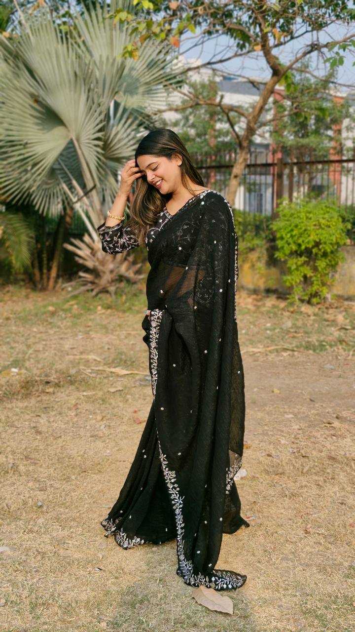 YNF CRUSH SILK RIN114 5050SAREES WHOLESALE SEQUENCE EMBRODERY BLACK PARTY WEAR SAREES MANUFACTURER- Kapda Export