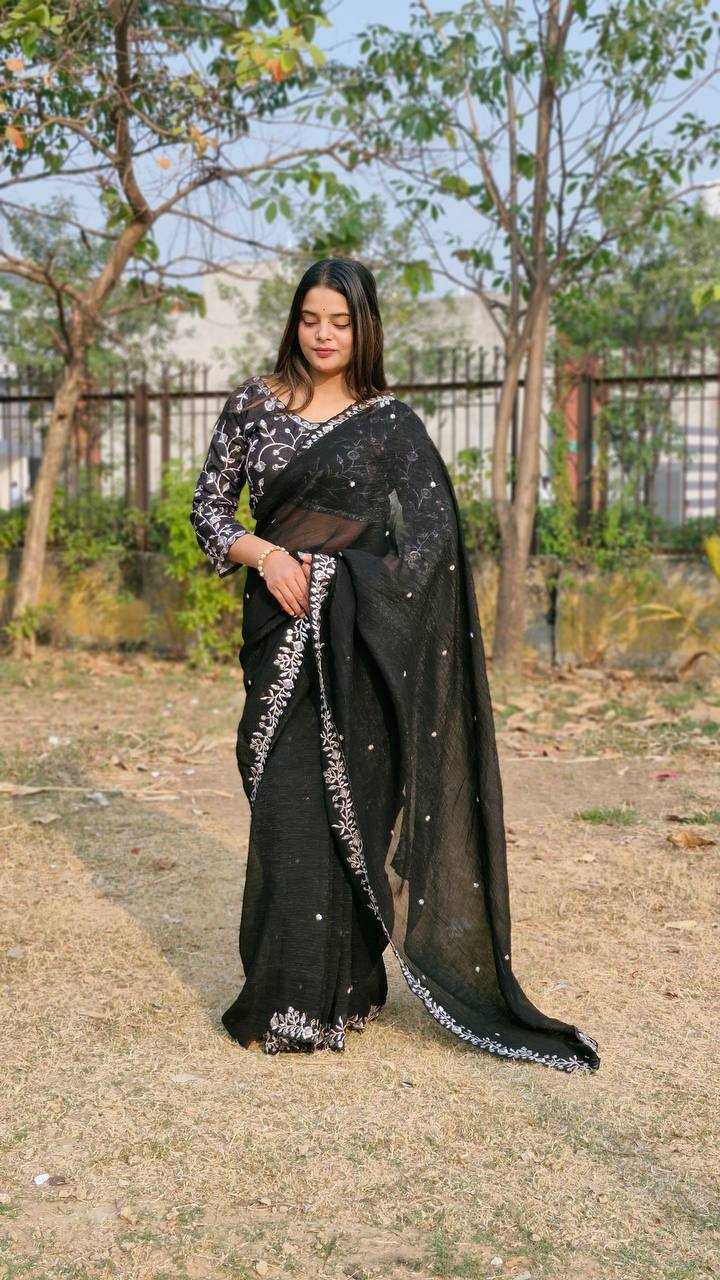 YNF CRUSH SILK RIN114 5050SAREES WHOLESALE SEQUENCE EMBRODERY BLACK PARTY WEAR SAREES MANUFACTURER- Kapda Export