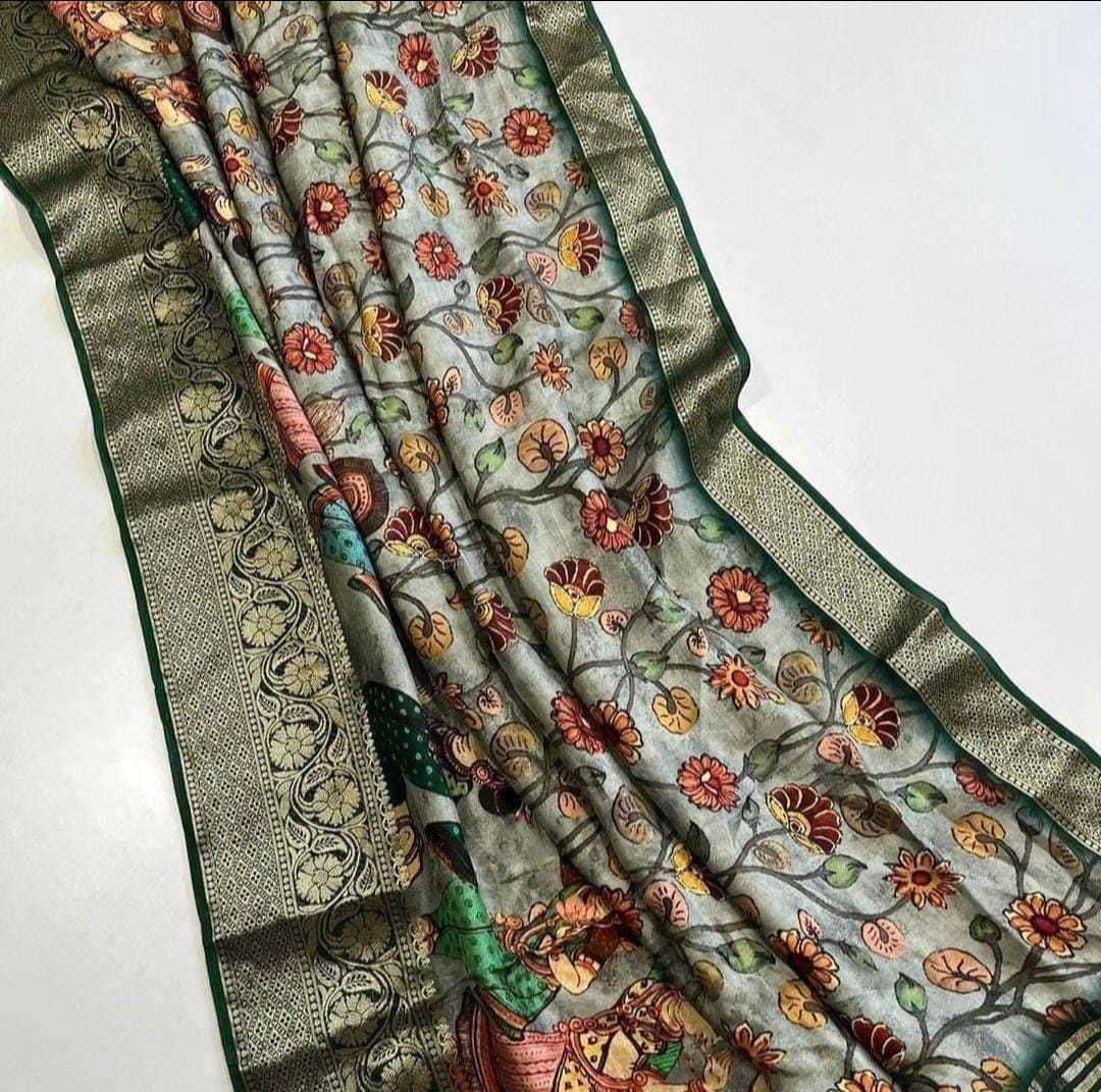 YNF DOLA SILK RIN149 MKD139 SILK SAREES WHOLESALE DOLA SILK ZARI BORDER SILK PRINTED SILK KALAMKARI SILK SAREES MANUFACTURER- Kapda Export