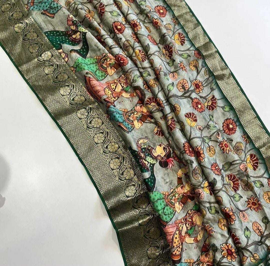 YNF DOLA SILK RIN149 MKD139 SILK SAREES WHOLESALE DOLA SILK ZARI BORDER SILK PRINTED SILK KALAMKARI SILK SAREES MANUFACTURER- Kapda Export