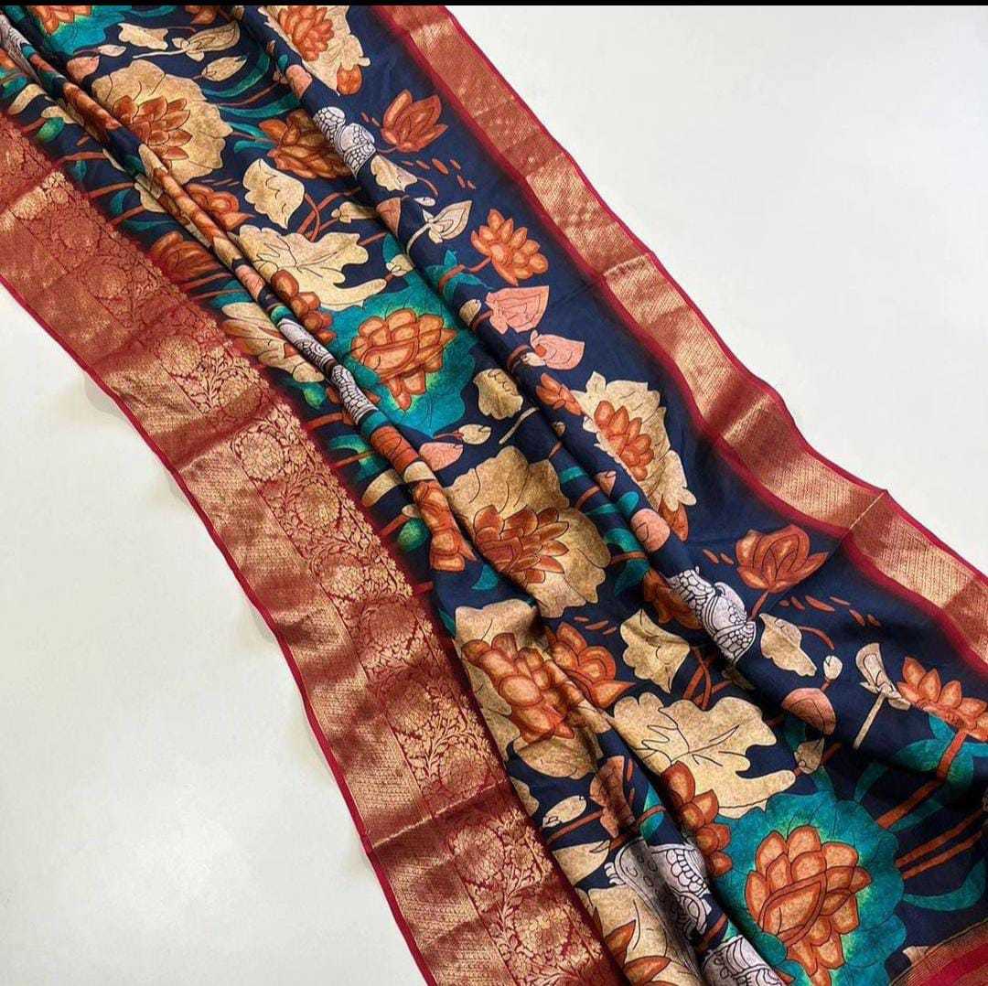 YNF DOLA SILK RIN149 MKD156 SILK SAREES WHOLESALE DOLA SILK ZARI BORDER SILK PRINTED SILK KALAMKARI SILK SAREES MANUFACTURER- Kapda Export