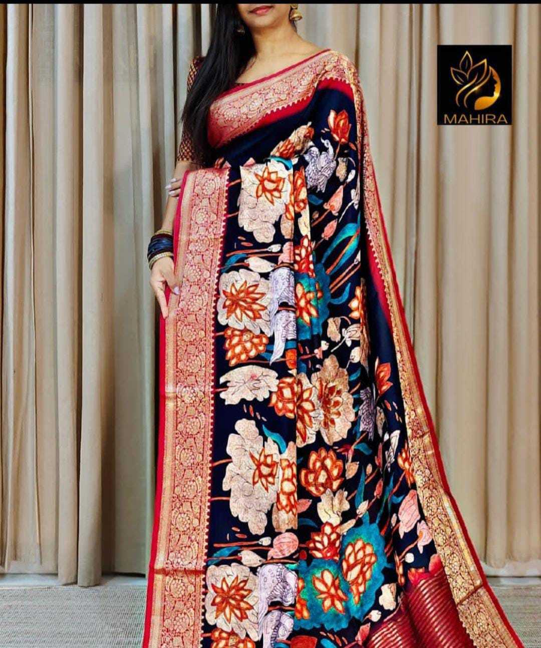 YNF DOLA SILK RIN149 MKD156 SILK SAREES WHOLESALE DOLA SILK ZARI BORDER SILK PRINTED SILK KALAMKARI SILK SAREES MANUFACTURER- Kapda Export