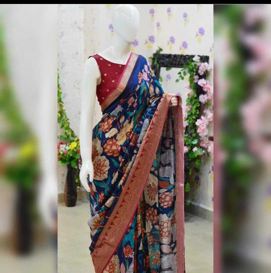 YNF DOLA SILK RIN149 MKD156 SILK SAREES WHOLESALE DOLA SILK ZARI BORDER SILK PRINTED SILK KALAMKARI SILK SAREES MANUFACTURER- Kapda Export