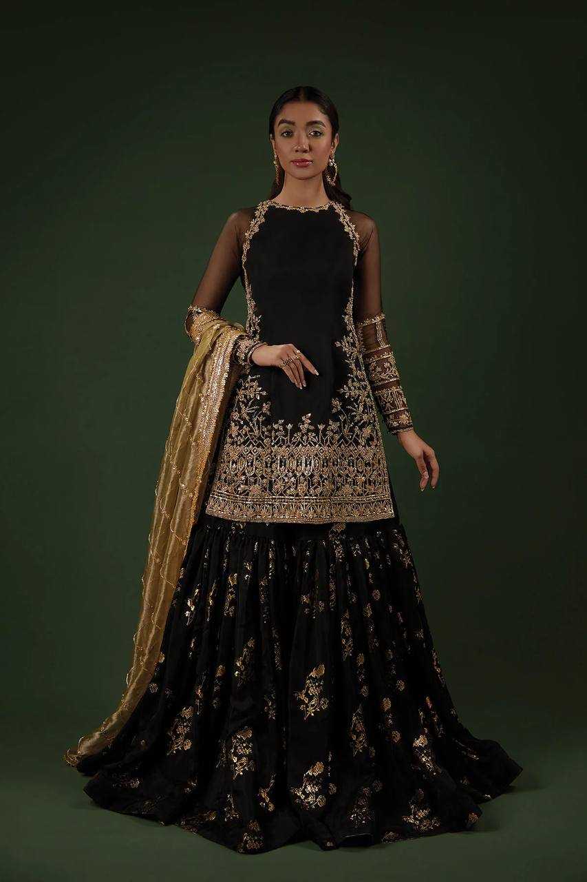 YNF FAUX GEORGETTE KESH125 1150 SUITS & DRESSES SHARARA SALWAR EMBROIDERY GEORGETTE BLACK SUITS MANUFACTUR- Kapda Export