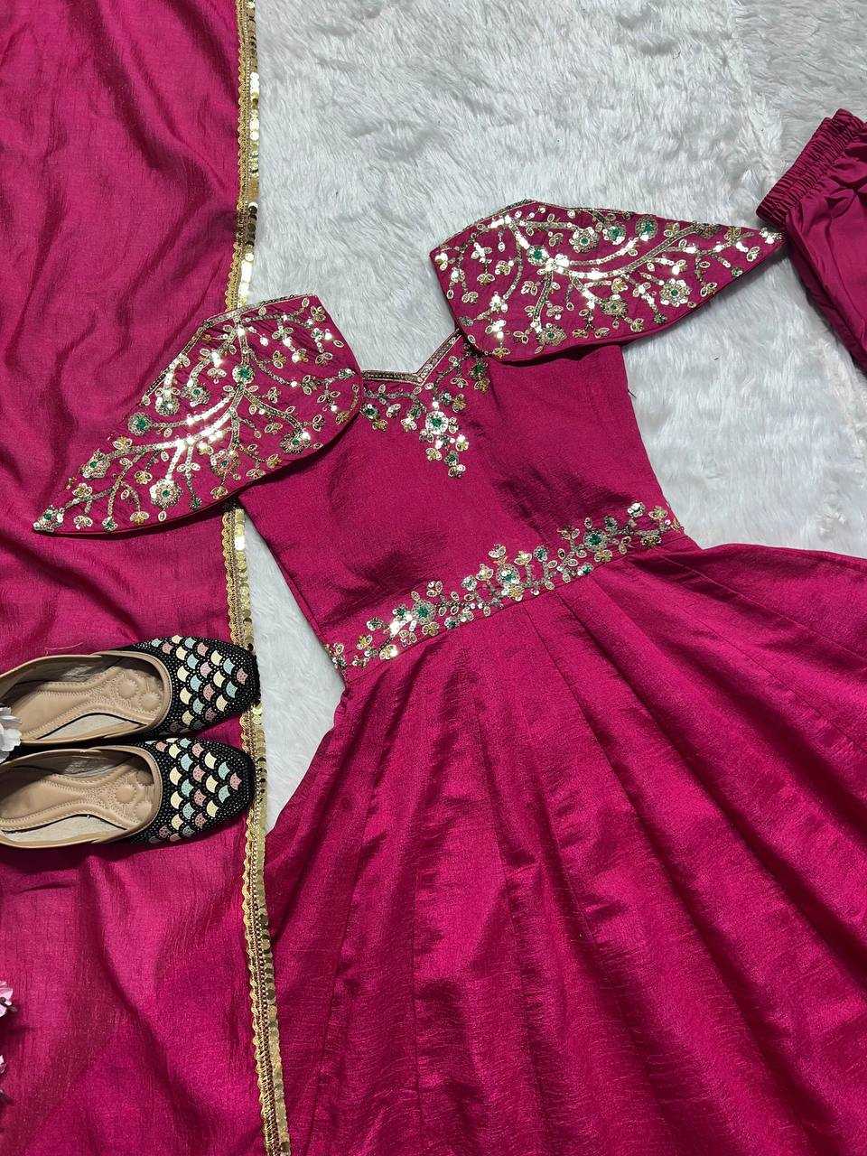 YNF FAUX GEORGETTE KESH143 440 GOWNS WHOLESALE WEDDING EMBROIDERY ANARKALI SILK PINK GOWNS MANUFACTURER- Kapda Export